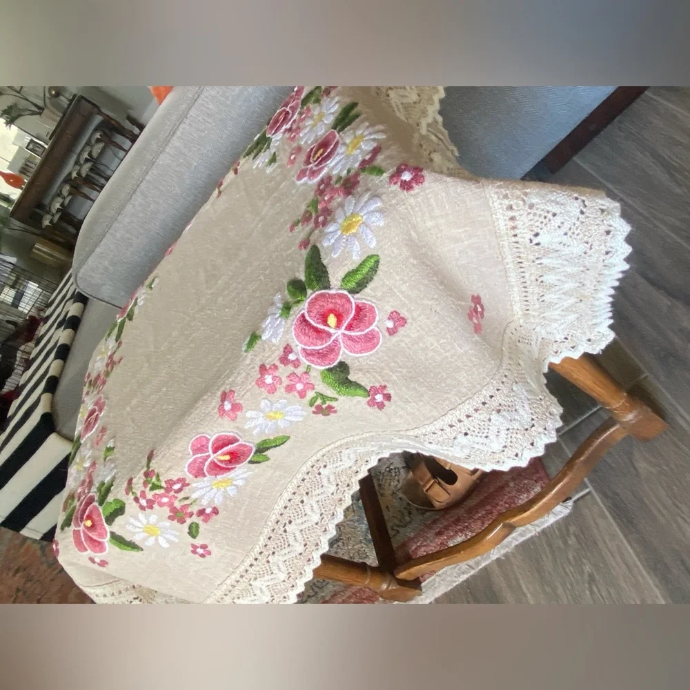Embroidered Floral Cream Tablecloth with Lace Trim 30”/30” approx.